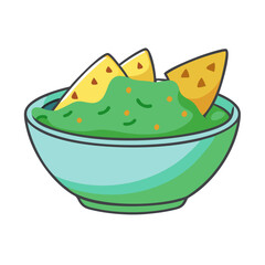 Guacamole bowl with tortilla chips illustration on black background