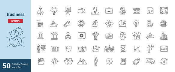 Business Line Icons Set. Strategy, Success, Businessman Editable Stroke Vector Illustration