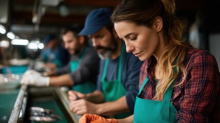 Obraz premium Focused adults working at seafood processing facility