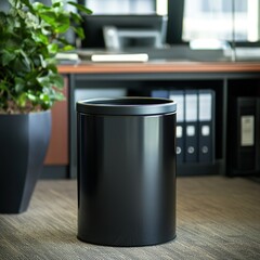 Modern black trash can in office setting (1)