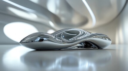 Sleek, chrome, abstract lounge piece in a modern, futuristic interior