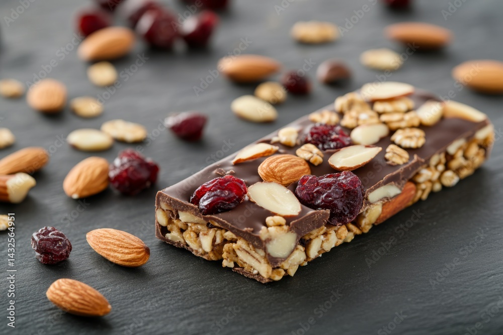 Aufkleber close-up of a dark chocolate granola bar showcasing layers of dried cranberries and sliced almonds, 