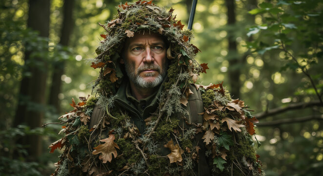 Man in camouflage ghillie suit with leaves and moss in forest. Hunter or wildlife photographer with natural camouflage. Outdoor survival techniques and nature observation training materials