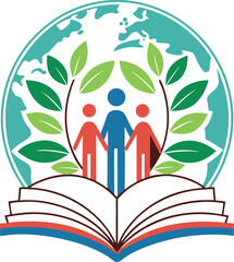 Global education vector graphic with environmental awareness, open book, human figure, and sustainability symbol 