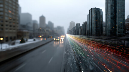 Fototapeta premium Urban Rush Hour: A dynamic long exposure photograph captures the bustling energy of city life, with streaks of light painting a vibrant trail through the blurred movement of traffic.