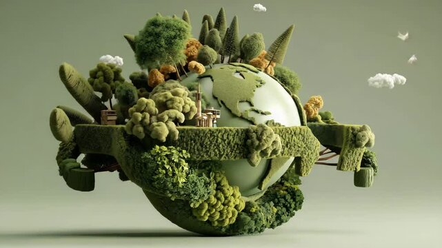 A stylized globe surrounded by lush greenery, depicting a harmonious blend of nature with trees and structures integrated into the landscape. Sustainable lifestyle eco concept. 