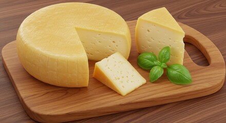 A wheel of cheese with slices cut out on a wooden board with basil leaves for decoration and presentation