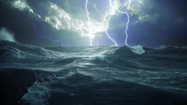 Lightning storm over rough ocean waves at night