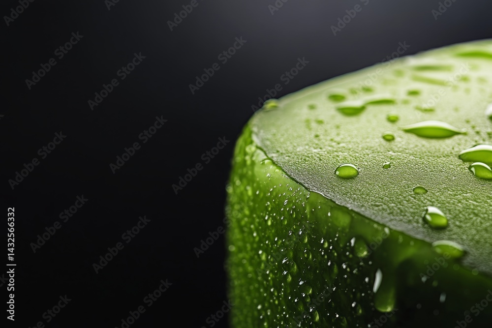 Poster Fresh avocado slice shows droplets of water on the surface, reflecting light and emphasizing its smooth texture and rich green color in a dark backdrop
