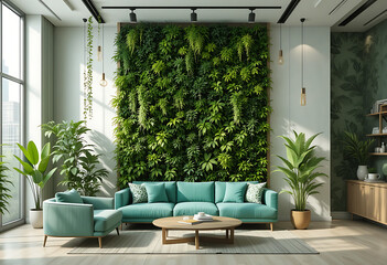 Modern Living Room with Vertical Garden and Green Sofa