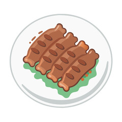Delicious Grilled Sausages on Plate with Herbs, Cartoon