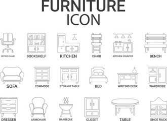 Furniture Line art icon set. A collection of sofa, kitchen, chair, dresser, and more. Vector illustration. Easily changes to any color.