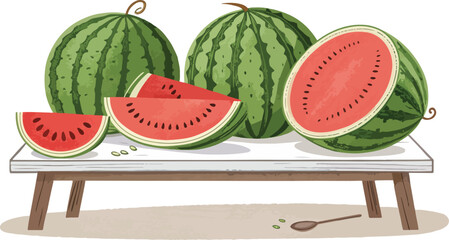 Watermelon with Watermelon slice on table in white background vector design, Watermelon vector design