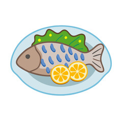 Cartoon Fish Dish with Lemon and Salad Graphic