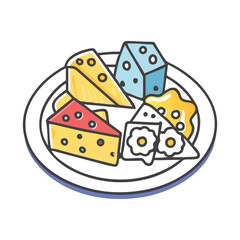 Assorted colorful cheese plate vector illustration, isolated art