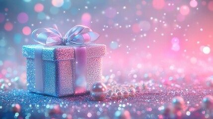 Glittering Gift Box on Pearl Festive Background