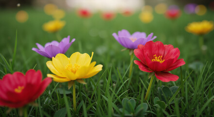 Obraz premium Colorful cosmos flowers blooming in green grass meadow. Red, yellow and purple petals with bright centers. Spring garden inspiration and floral greeting card design
