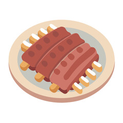 Barbecue ribs on a plate, isolated cartoon illustration