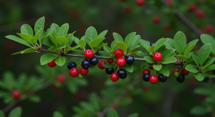 Fototapeta premium Branch with red and black berries among green oval leaves. Wild shrub with ripe fruit. Autumn season imagery and botanical identification guides