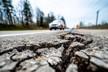 Naklejka premium Car Is Driving on Broken Road with Cracked Asphalt