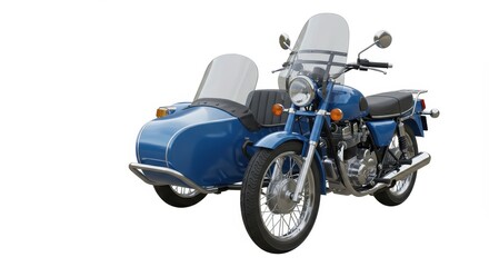 A blue motorcycle with a sidecar parked on a white background in a studio setting isolated