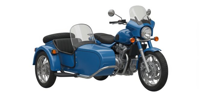A blue motorcycle with a sidecar on a white background in a studio setting with bright lighting