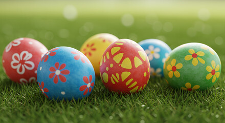 Colorful Easter Eggs on Grass Spring Holiday Decoration Image