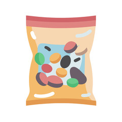 Candy coated chocolate pieces bag isolated on black