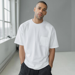 A handsome man with a crew cut hairstyle wearing a white oversized T-shirt and black cargo pants, posing for a photoshoot. The minimalist, modern interior background features a gre
