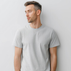 Fototapeta premium Fashion mockup of an attractive male model wearing a heather gray T-shirt, with a flat front view showcasing the smooth fabric details and no wrinkles on the shirt's surface. The b