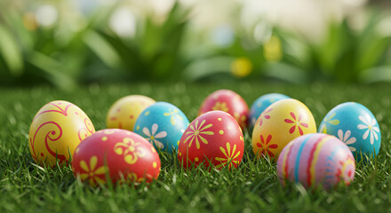 Fototapeta premium Colorful Easter Eggs on Grass Festive Spring Holiday Decoration Image
