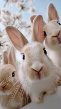 13h adorable group of rabbits looking down into the camera, perspective from below, wide angle lens, surrounded by blooming white cherry blossoms, soft natural daylight, cinematic