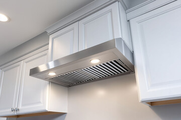 Fototapeta premium Close-up of a stainless steel kitchen hood with LED lights above the cabinets, against a gray wall in a modern home interior design.