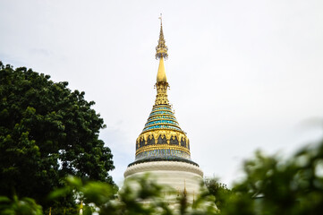 Naklejka premium Pagoda and Chapel, Lanna Architecture, Symbols of Buddhism, South East Asia at Wat Buppharam, Chiang Mai, Northern Thailand