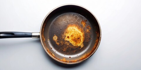 Greasy residue and burnt spots on a nonstick frying pan, grease, stains, cooking, kitchen, dirty, oily, residue
