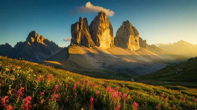 Three peaks of tre cime di lavaredo at sunset with alpine meadow