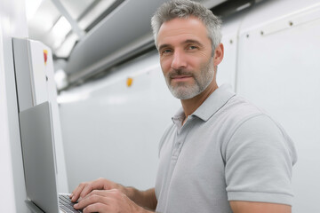  A male technician is working on a laptop at a CNC machine in a factory. The man is wearing a grey polo shirt and is smiling in the camera while using the computer for engineerin