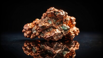 Native copper nugget on black background with intricate mineral patterns and metallic sheen, landscape, rock,  landscape