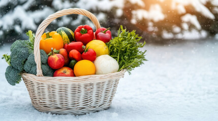 Fresh fruits and vegetables wicker basket, showcasing vibrant colors against snowy background, evoke sense of warmth