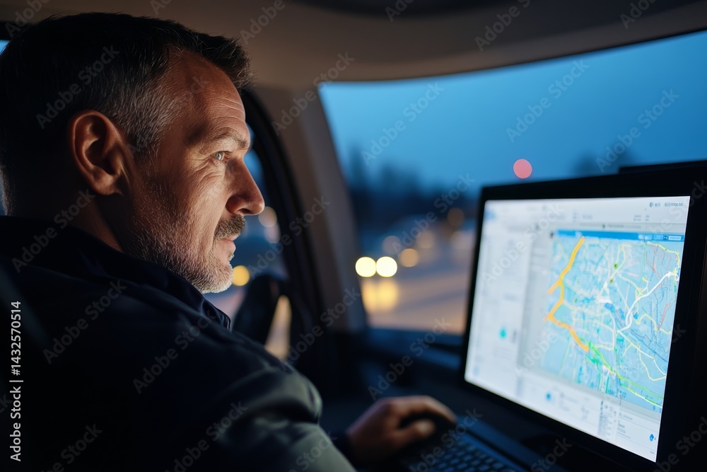 Poster Focused man examines geographic data on a laptop, reviewing maps and charts for route management. The environment is dimly lit, suggesting evening work