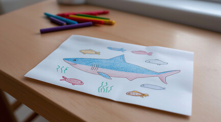 A 4-year-old's basic, scribbled outline of a colorful, crude, juvenile crayon drawing of a blue shark on plain white paper, surrounded by small fish, simple shapes, and thick lines