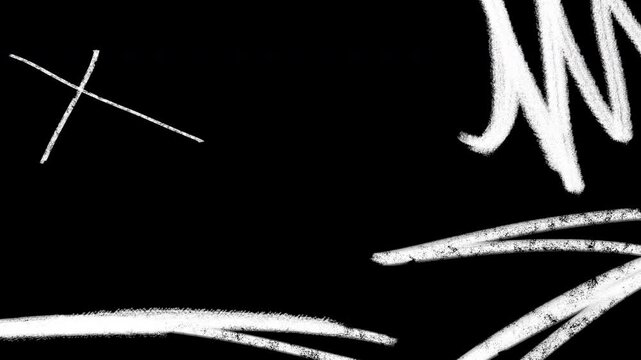 Pack of 9 monochromatic animations of white grunge pencil and brush doodle lines and textures on black background. Low frame rate effect. Seamless loop.