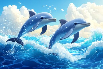 Fototapeta premium Dolphins leaping, ocean waves, sunny sky, playful marine life, summer postcard