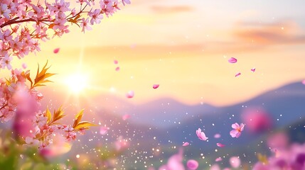 Pink Sakura Tree Silhouette at Sunset Over Mountains