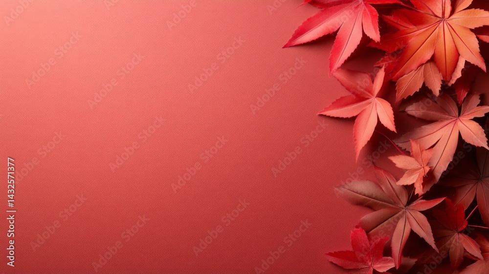 Fototapete close-up view of a minimalist art piece featuring autumn leaves arranged in a red frame on a neutral