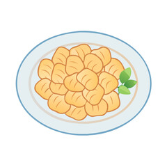 Plate of gnocchi pasta with basil garnish, cartoon
