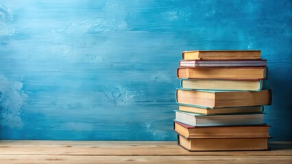 Fototapeta premium A stack of books with varying colors and textures on a blue background