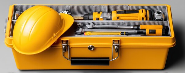 A neatly organized toolbox with various tools and a helmet placed on top - hardhat construction box helmet power