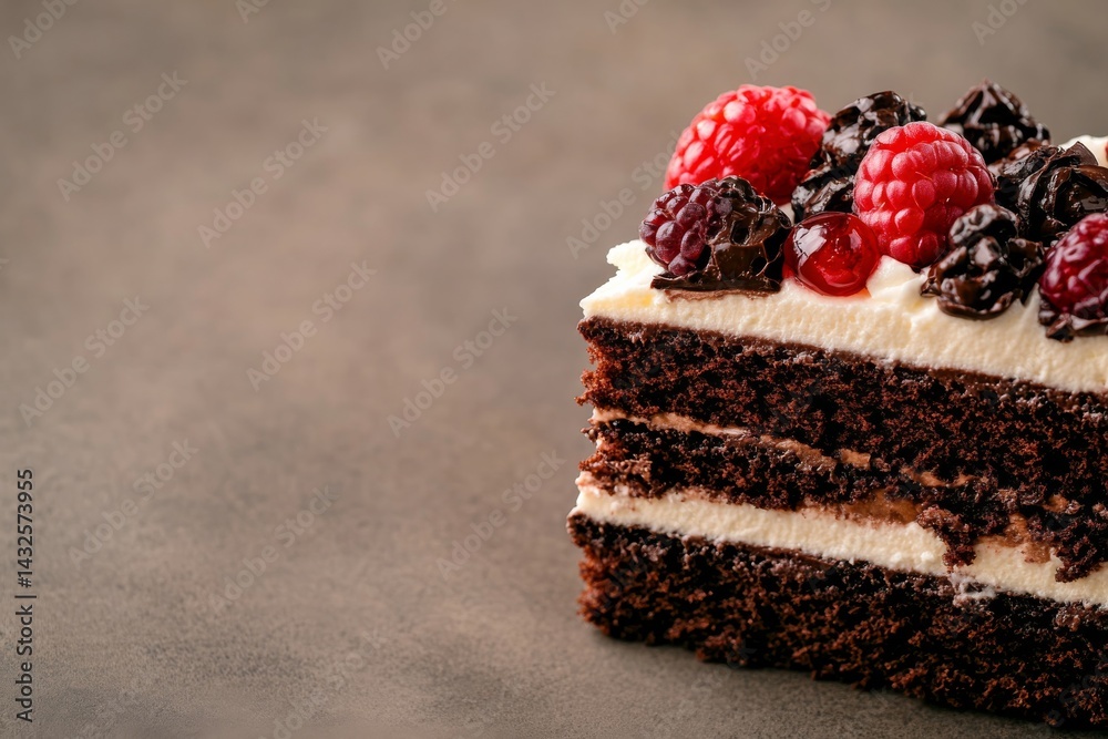 Poster Rich chocolate cake features multiple layers, adorned with luscious red and white toppings, highlighting its decadent texture and inviting appearance