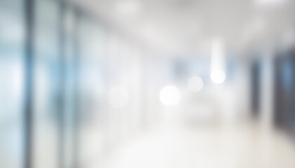 Blurred office hallway with glass walls and neutral colors creates a sense of space. Professional photos for backgrounds for text, banners, posters, and web displays.